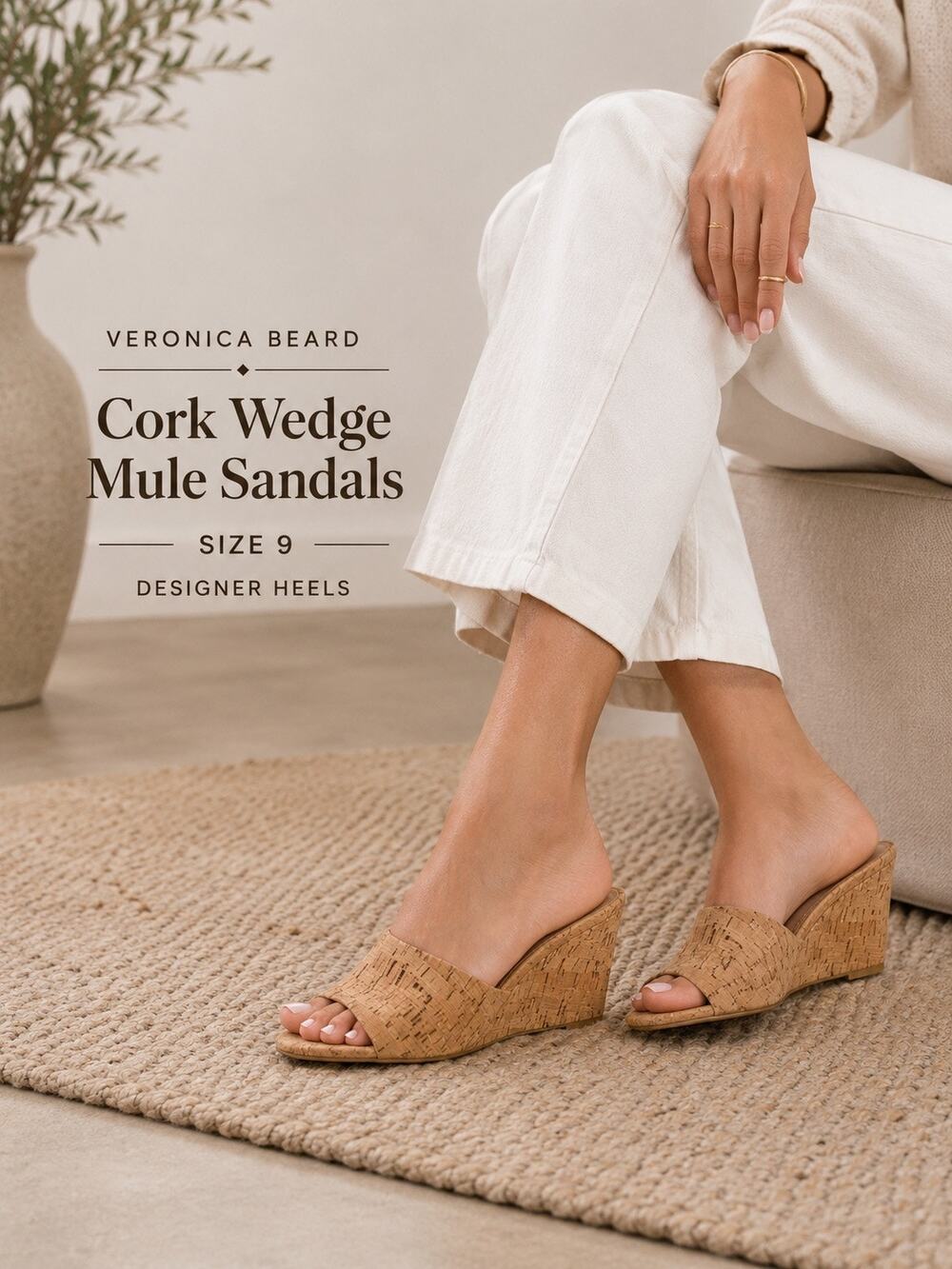 Veronica Beard Cork Wedge Mule Sandals Size 9 Designer Neutral Heels